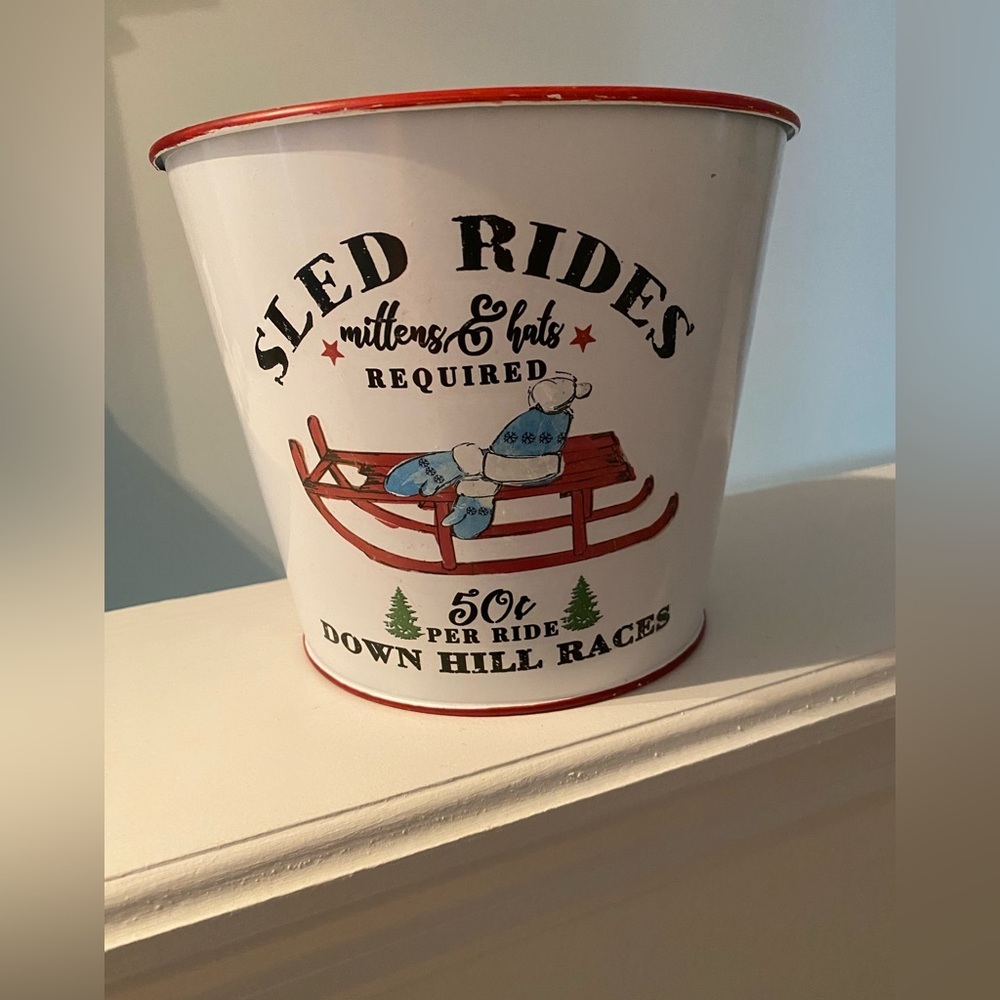 Vintage Christmas Holiday Winter White Sled Rides Decorative Bucket